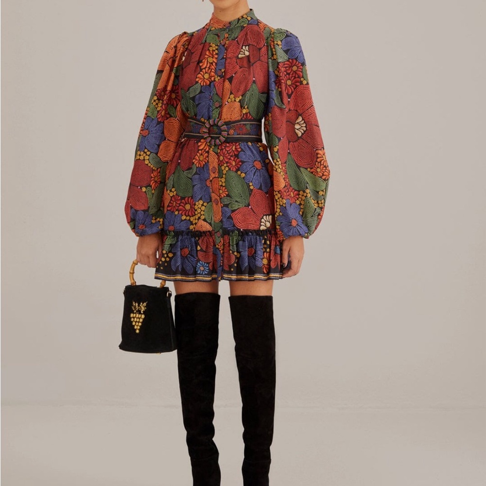 Farm Rio, Black Stitched Flowers Long Sleeve Mini Dress